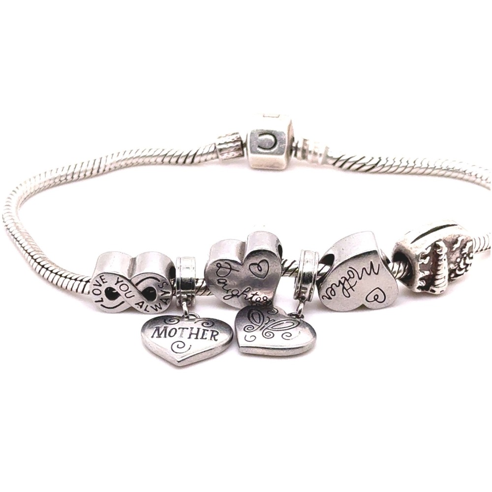 Chamilia Snake Chain Charm Bracelet Mother Daughter OBX Hearts Silver Tone 8.5in